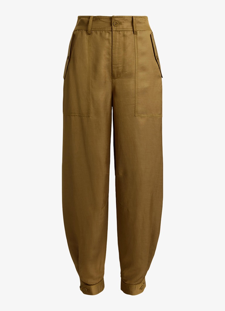 Ralph Lauren Dames High waist tapered fit cargobroek in linnenblend met klepzakken in de kleur Tobacco Bronze / Bruin