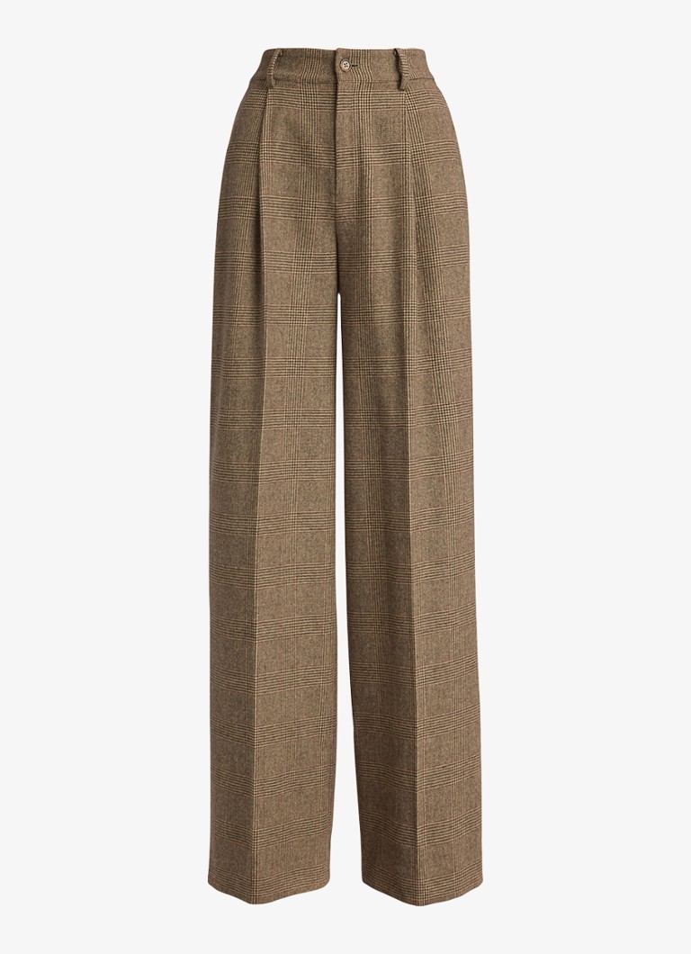 Ralph Lauren Dames High waist wide fit pantalon van wol en ruitdessin in de kleur Brown/Tan Multi / Bruin