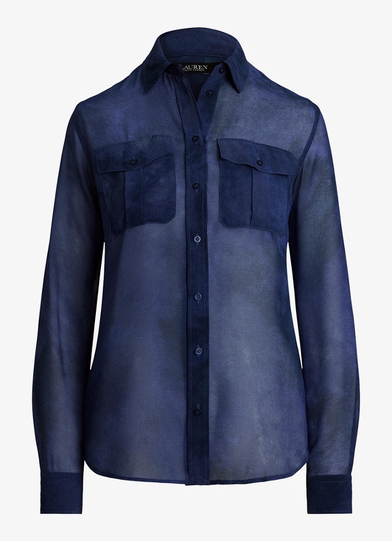 Ralph Lauren Dames Semi-transparante blouse met borstzakken in de kleur Blue Multi / Blauw