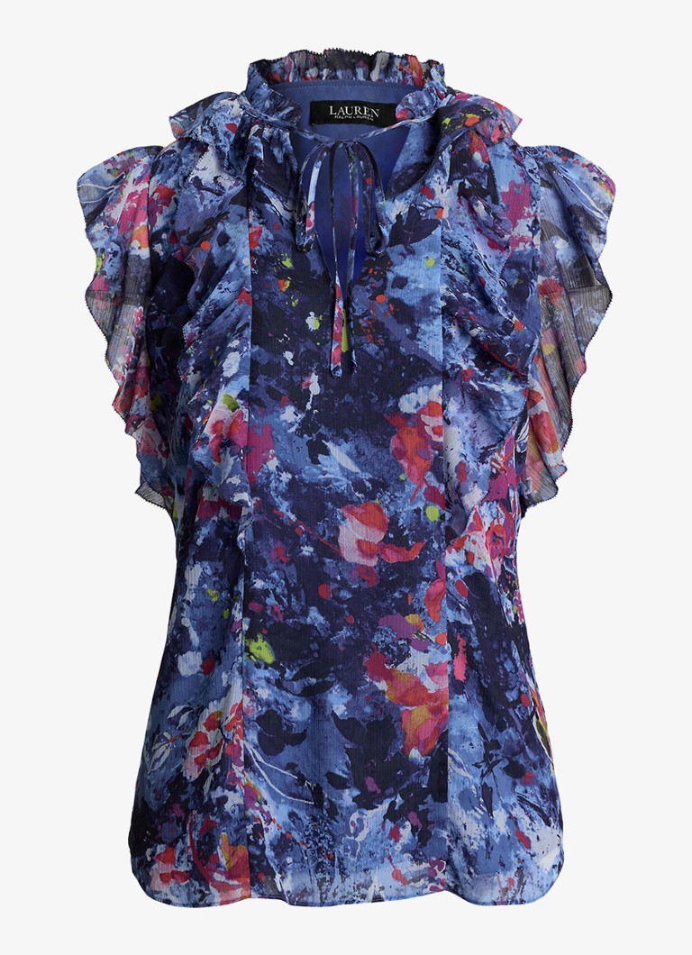 Ralph Lauren Dames Top met ruches en print in de kleur Blue Multi / Blauw