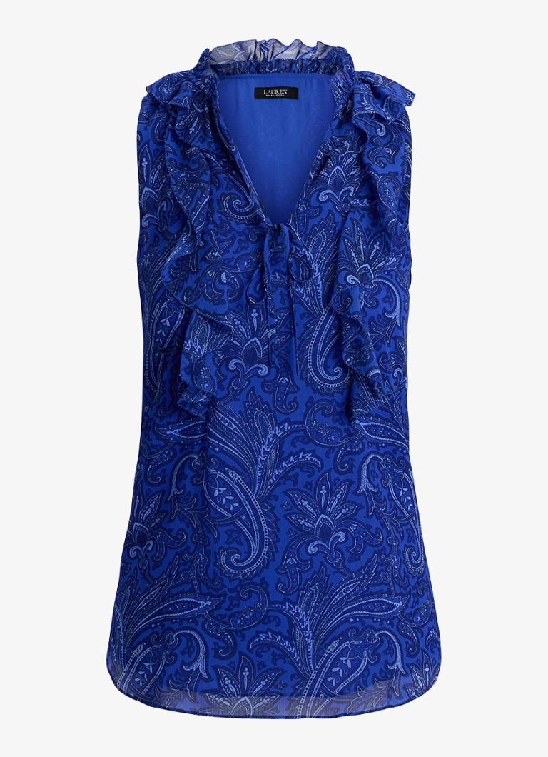 Ralph Lauren Dames Georgette blouse met paisleyprint en ruches in de kleur Kobaltblauw