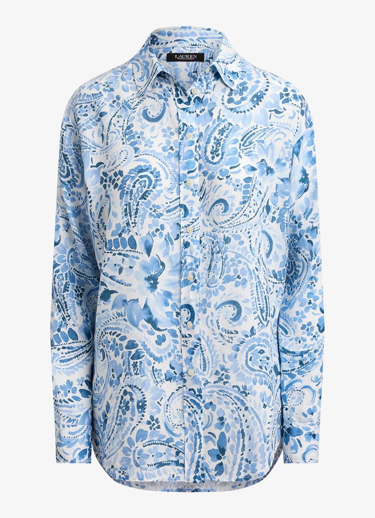 Ralph Lauren Dames Blouse van linnen met paisley dessin in de kleur White/Blue / Blauw