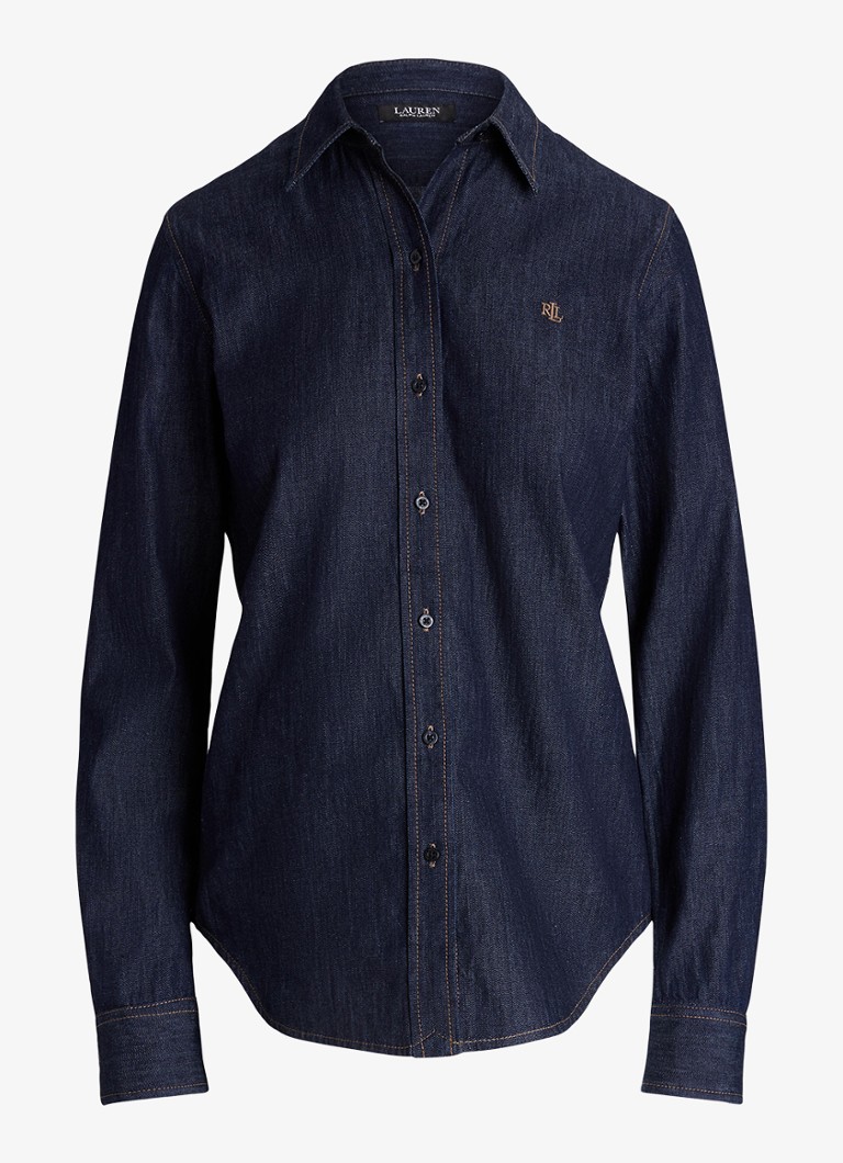 Ralph Lauren Dames Blouse van denim met logoborduring in de kleur Rinse Wash / Blauw