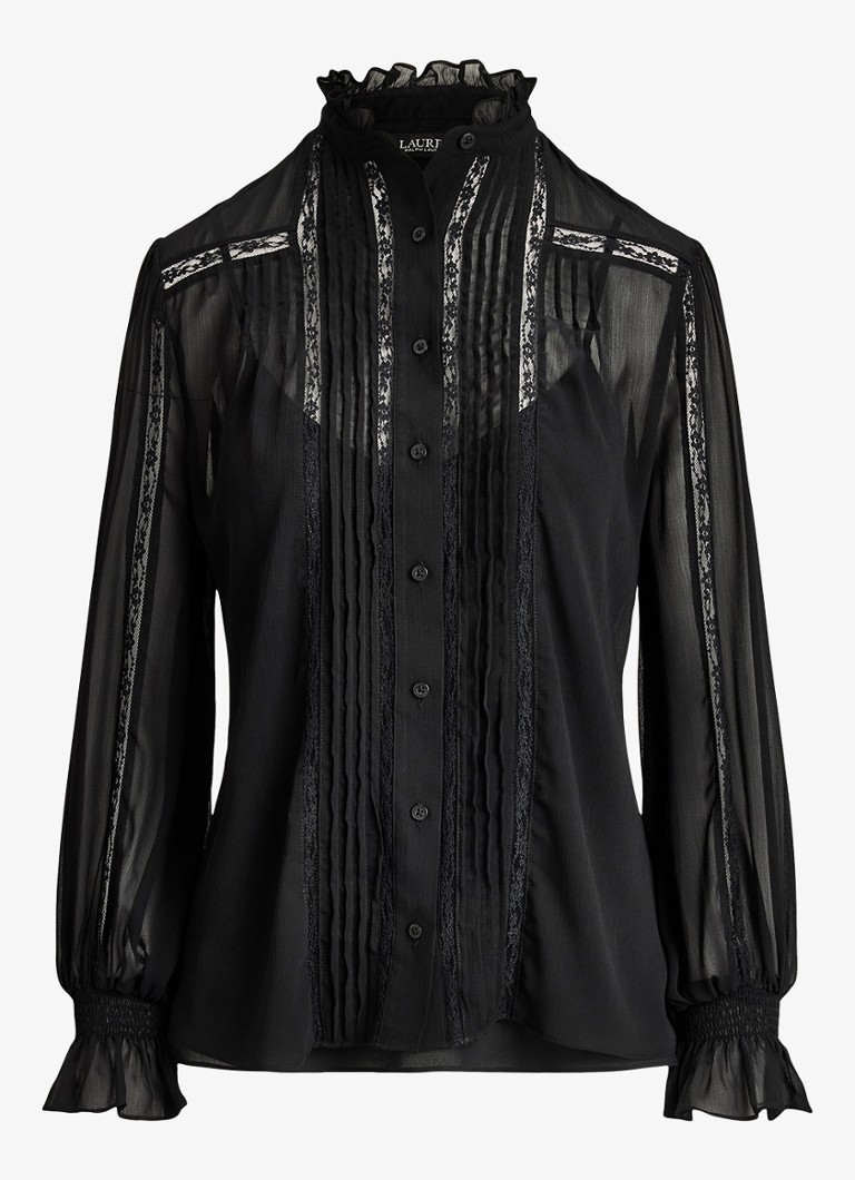 Ralph Lauren Dames Semi-transparante blouse met ruches in de kleur Zwart
