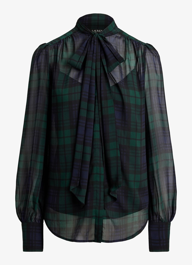 Ralph Lauren Dames Semi-transparante tuniek met ruitdessin en sjaalkraag in de kleur Navy/Green/Black / Blauw/Groen/Zwart