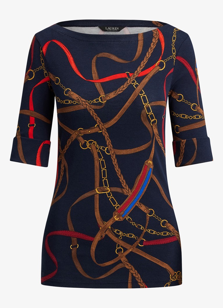 Ralph Lauren Dames T-shirt met boothals en grafische print in de kleur Navy Multi / Donkerblauw