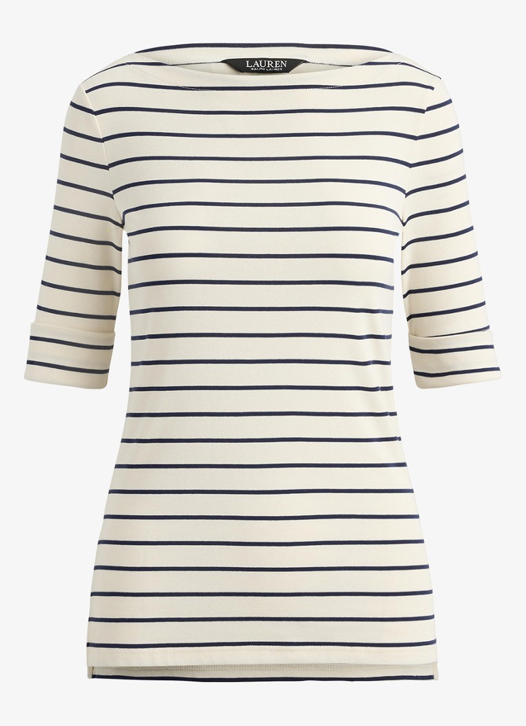 Ralph Lauren Dames T-shirt met streepprint en boothals in de kleur Wit