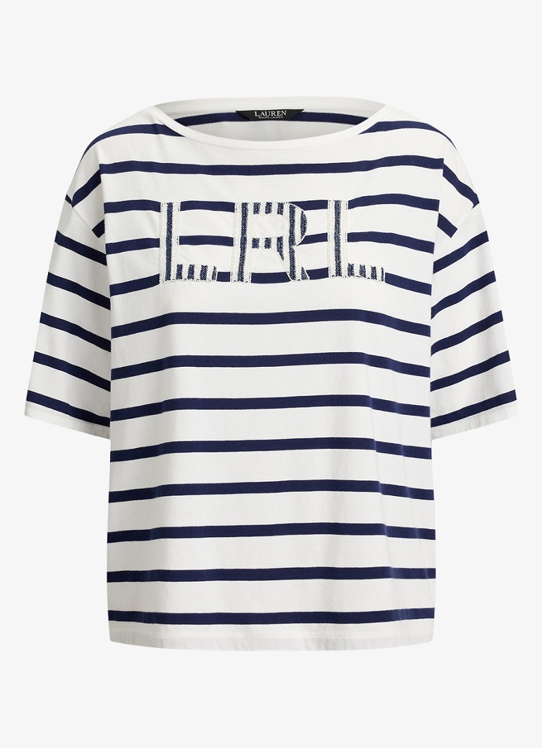Ralph Lauren Dames T-shirt met streepprint met kralendecoratie in de kleur Blauw