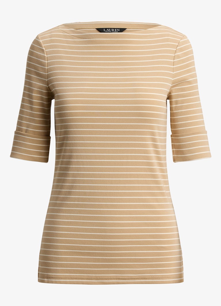 Ralph Lauren Dames T-shirt met streepprint in de kleur Birch Tan/Mascarpone Cream / Beige