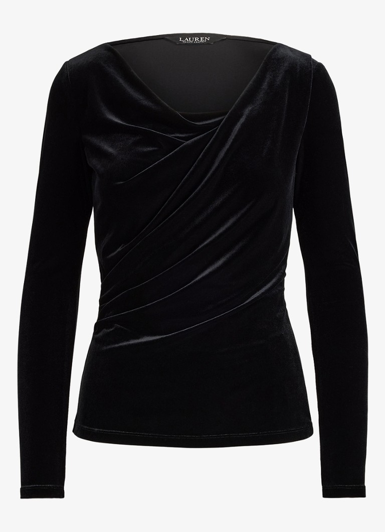 Ralph Lauren Dames Top van fluweel met plooidetail en asymmetrische hals in de kleur Black Velvet / Zwart