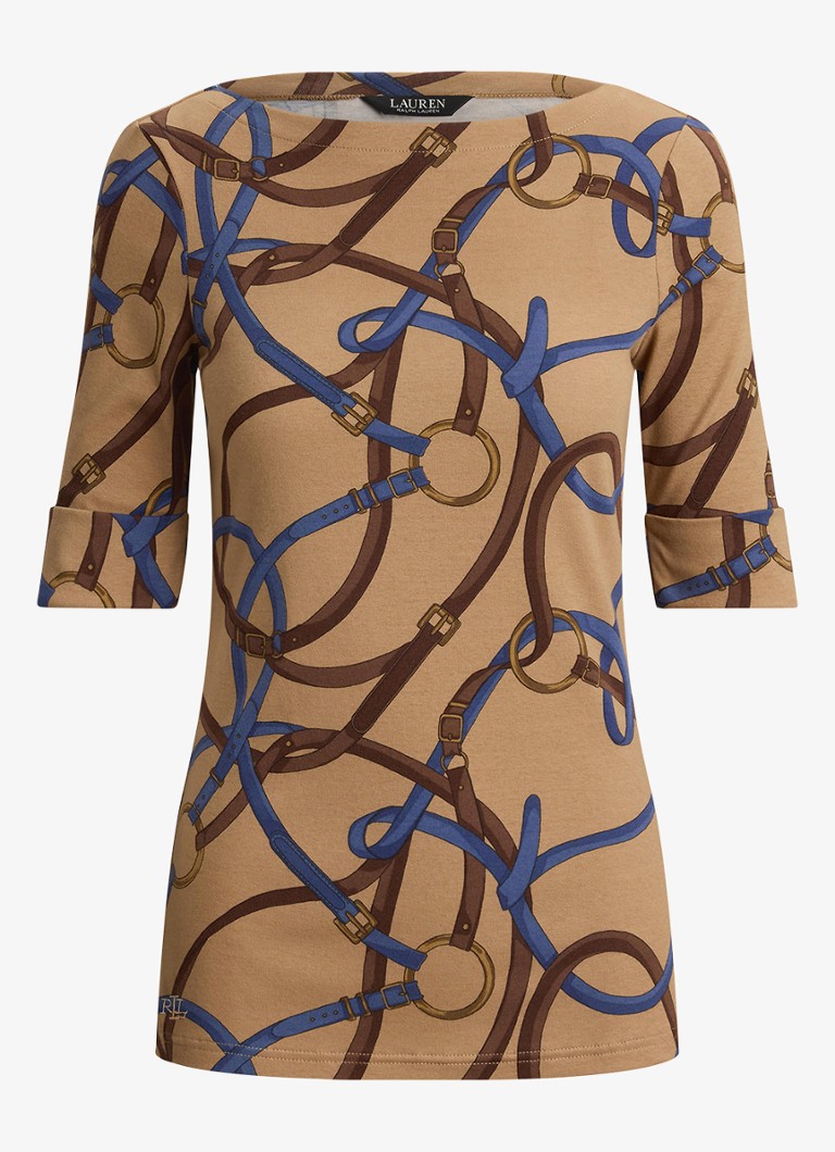 Ralph Lauren Dames Top met print en boothals in de kleur Camel Multi / Beige