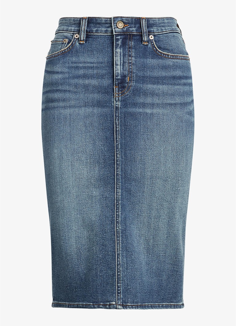 Ralph Lauren Dames High waist midi spijkerrok met steekzakken in de kleur Sunset Indigo Wash / Indigo
