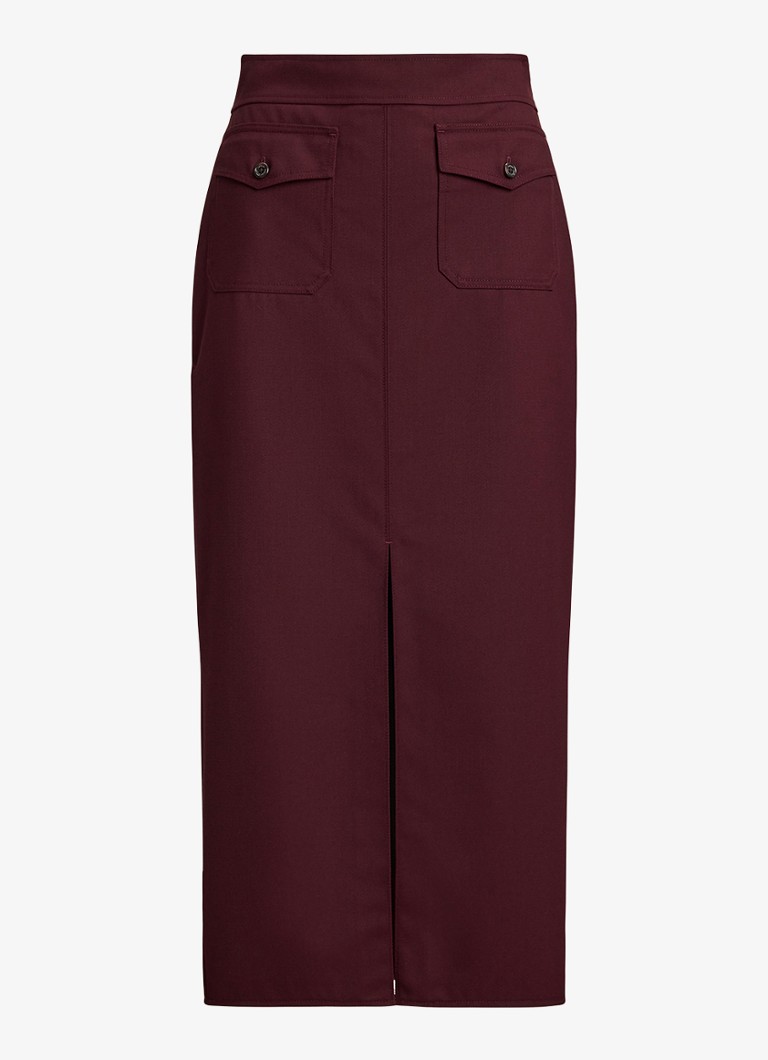 Ralph Lauren Dames Midi kokerrok in wolblend met opstikzakken in de kleur Dark Garnet / Bordeauxrood