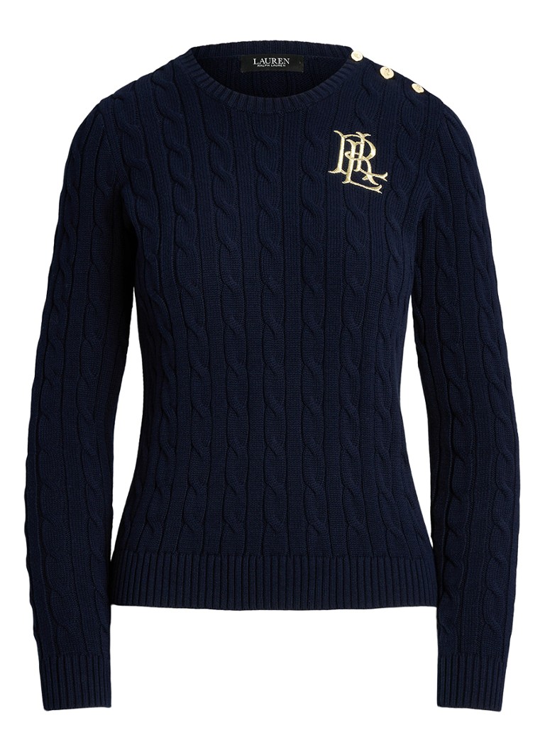 Ralph Lauren Dames Kabelgebreide trui met logoborduring in de kleur Blauw