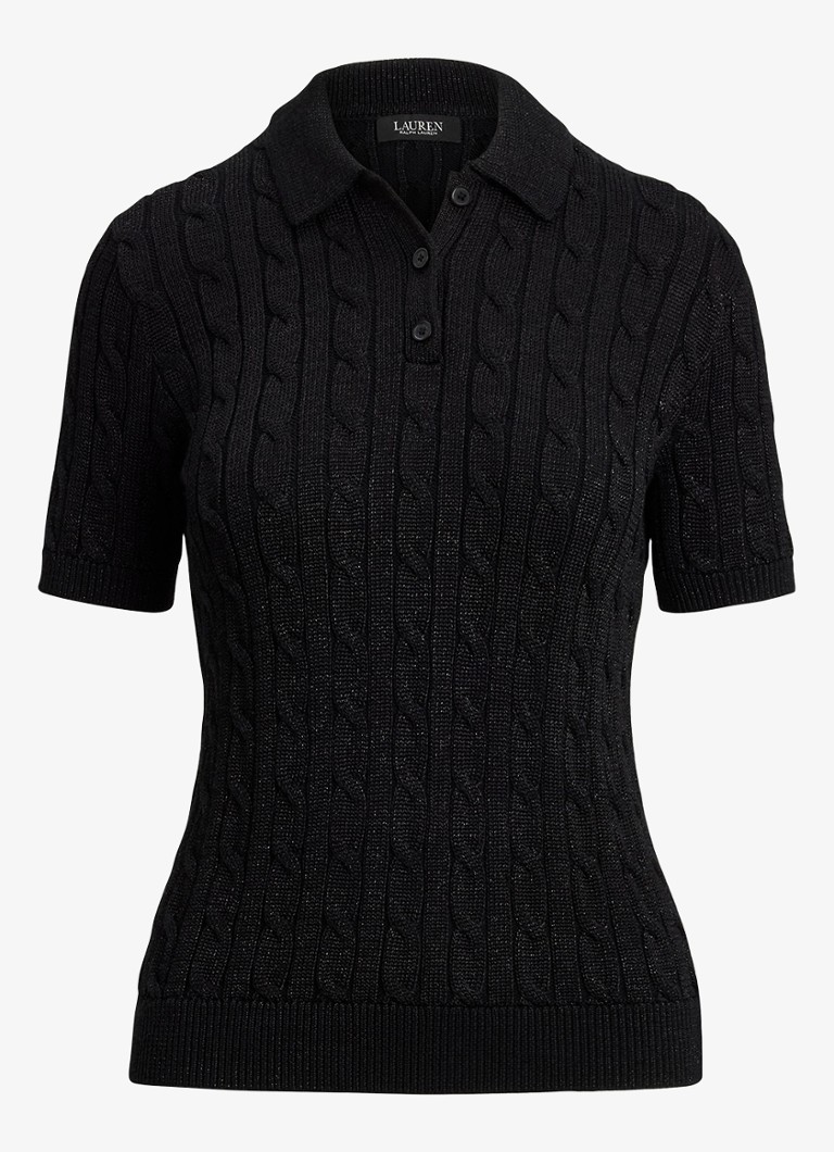 Ralph Lauren Dames Kabelgebreide trui met polokraag in de kleur Black Metallic / Zwart
