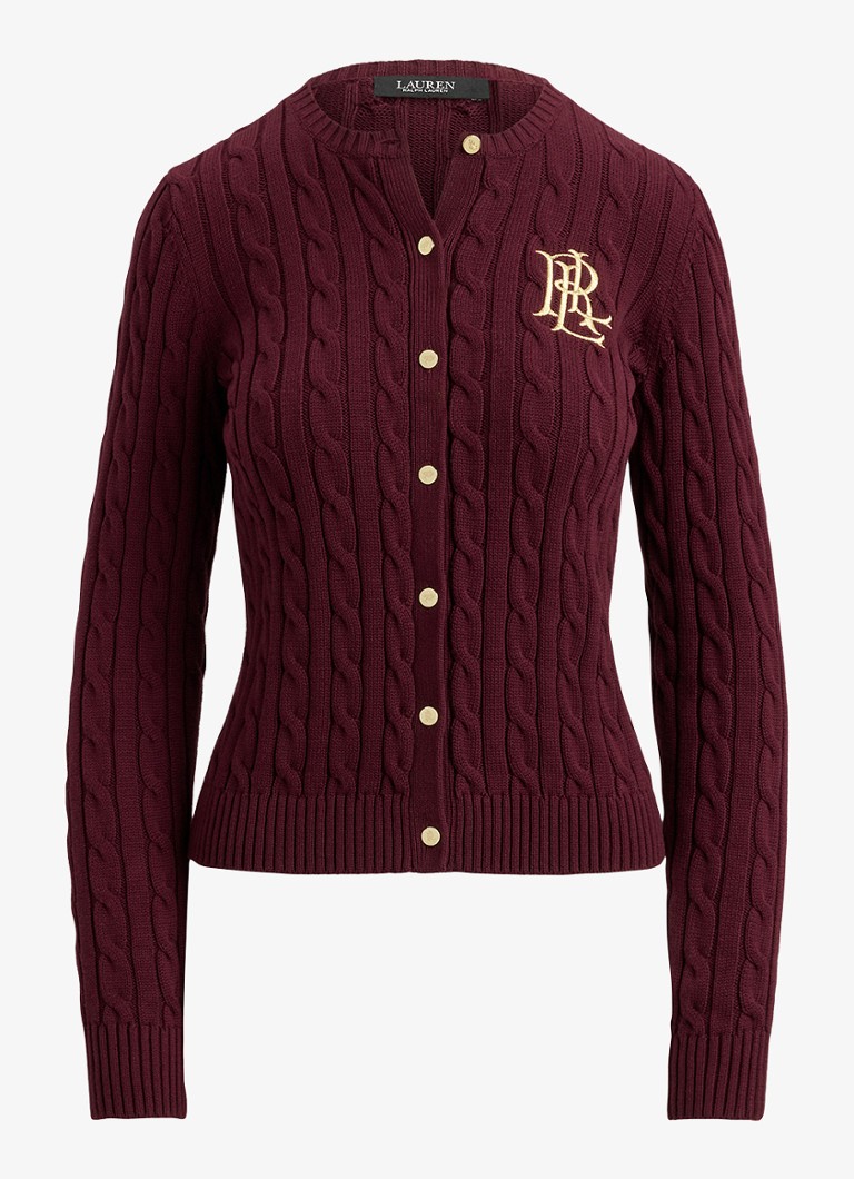 Ralph Lauren Dames Kabelgebreid vest met logoborduring in de kleur Dark Garnet / Bordeauxrood