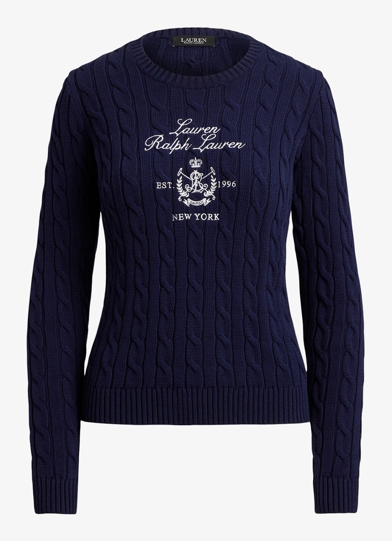 Ralph Lauren Dames Kabelgebreide trui met logoborduring in de kleur Donkerblauw