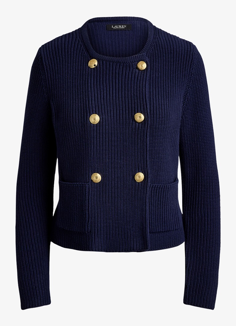 Ralph Lauren Dames Grofgebreid vest met paspelzakken in de kleur Refined Navy / Donkerblauw