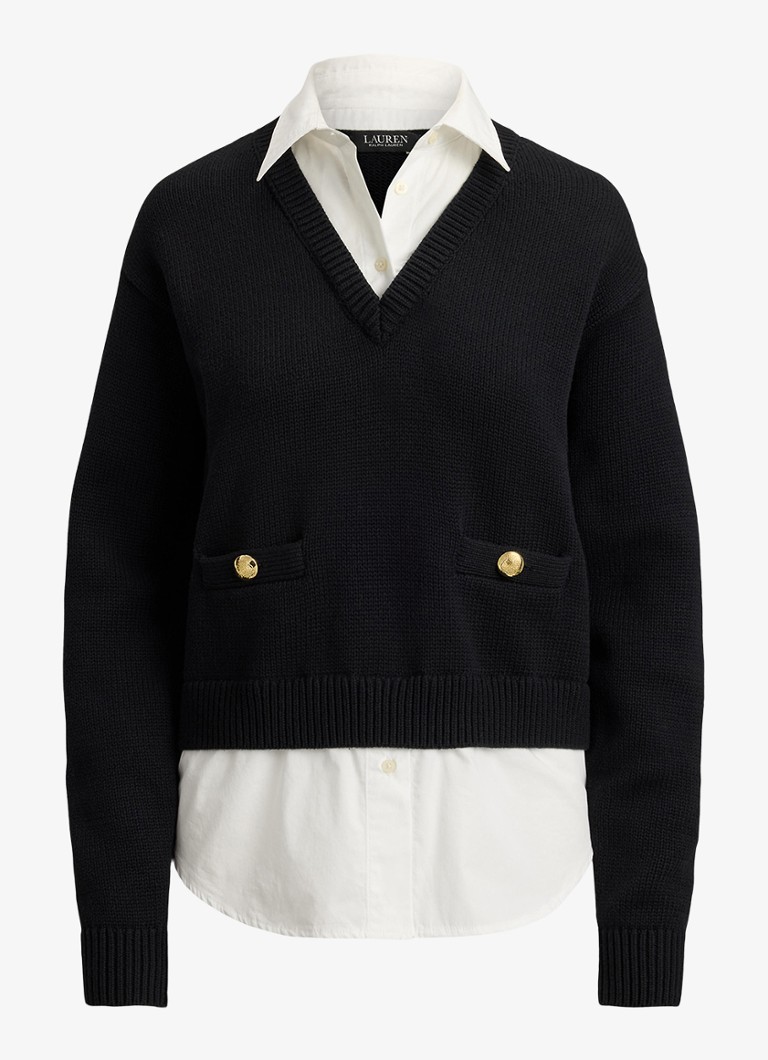 Ralph Lauren Dames Fijngebreide trui met kraag in de kleur Black/White / Zwart