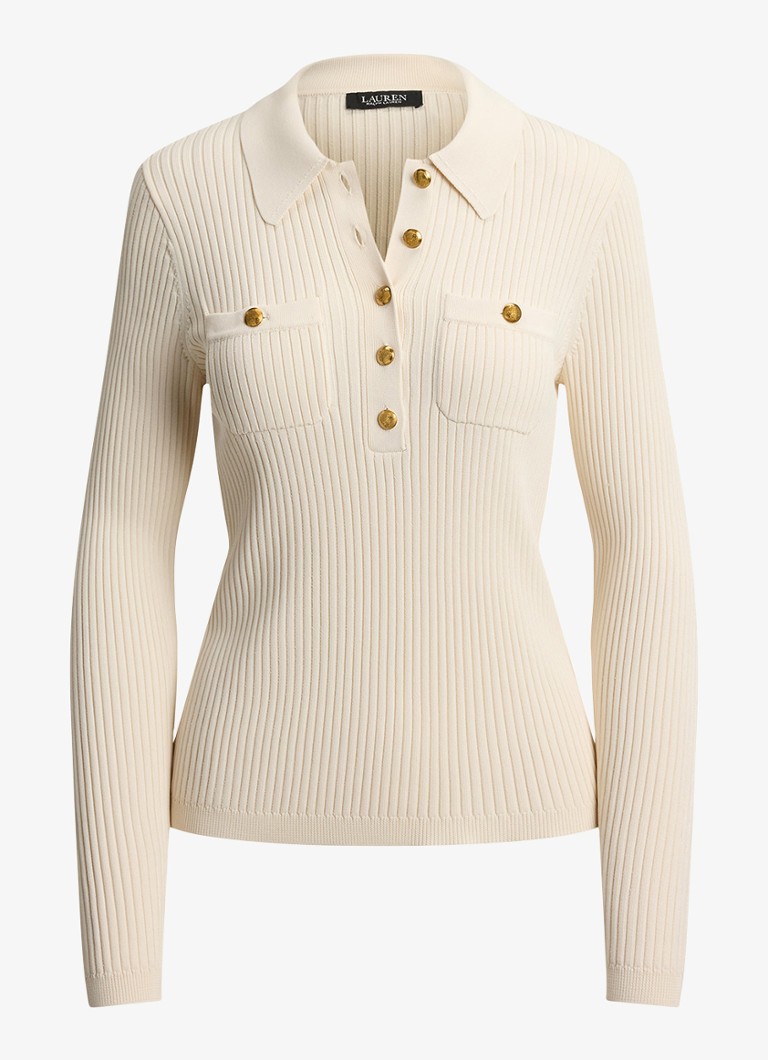 Ralph Lauren Dames Ribgebreide trui met opgestikte zakken in de kleur Mascarpone Crème / Crème
