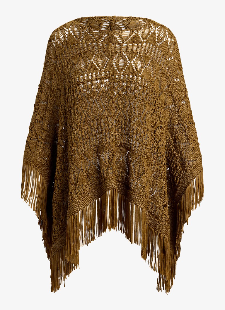 Ralph Lauren Dames Opengebreide poncho met franjes in de kleur Tobacco Bronze / Bruin