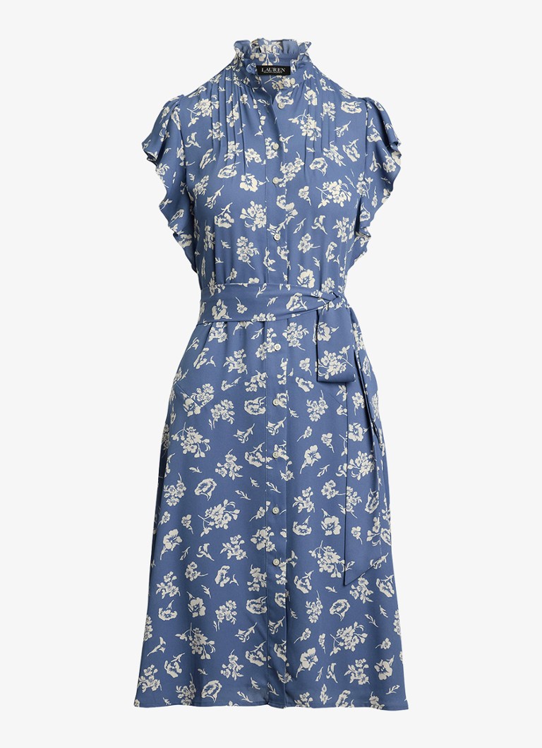 Ralph Lauren Dames Midi jurk met bloemenprint en strikceintuur in de kleur Blauw