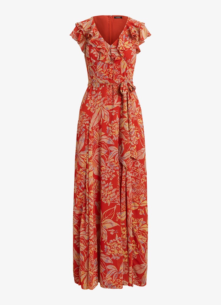 Ralph Lauren Dames Maxi jurk wikkeljurk met bladprint en ruches in de kleur Rood
