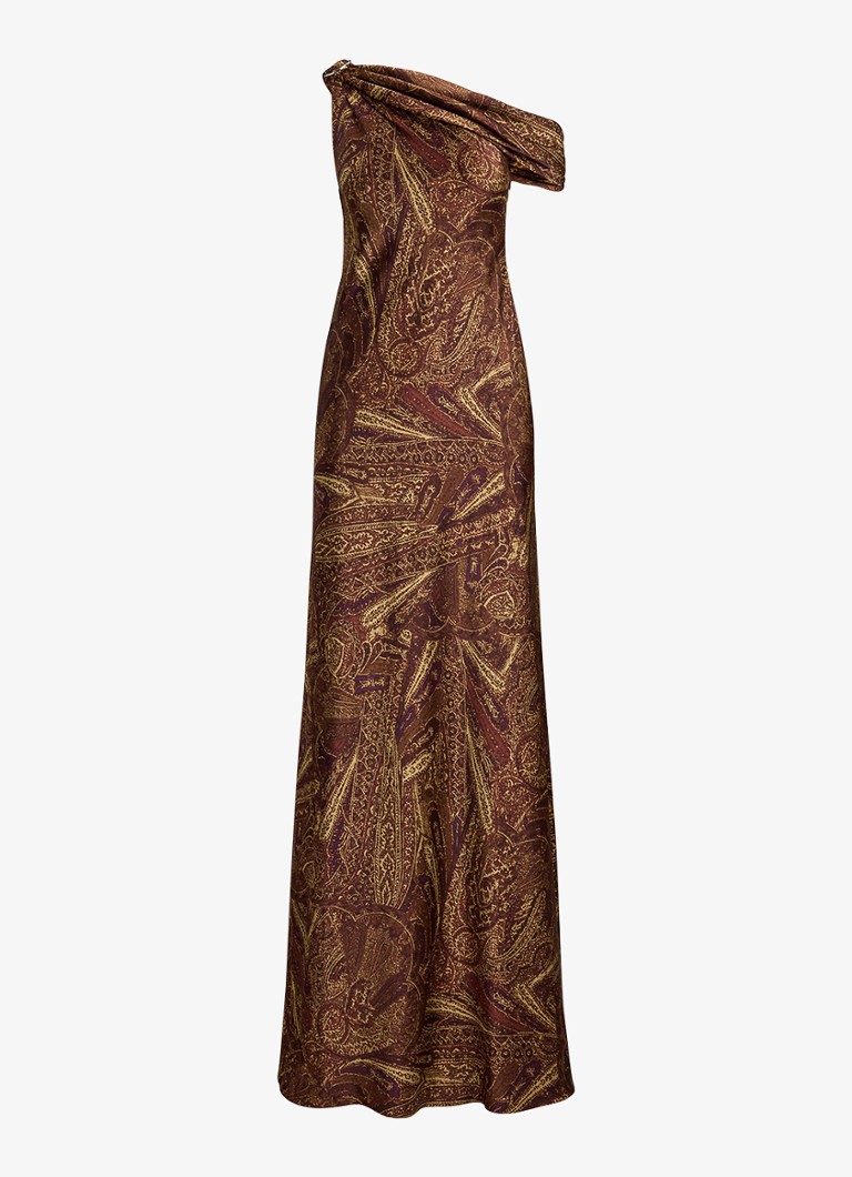 Ralph Lauren Dames Off shoulder maxi jurk met gespdetail en print in de kleur Cinnamon Multi / Bruin