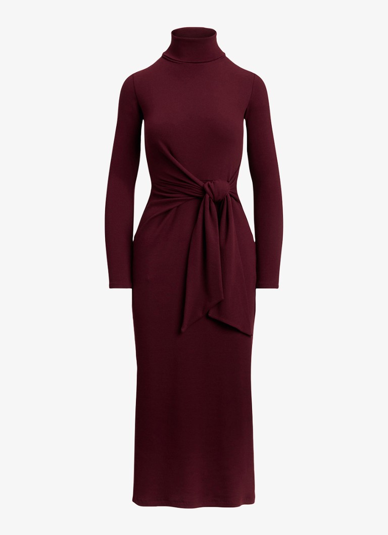 Ralph Lauren Dames FIjngebriede midi jurk met col en strikdetail in de kleur Dark Garnet / Bordeauxrood