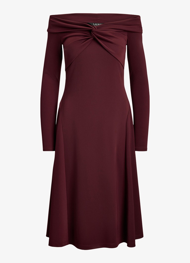 Ralph Lauren Dames Off shoulder midi jurk met plooidetails in de kleur Dark Garnet / Bordeauxrood