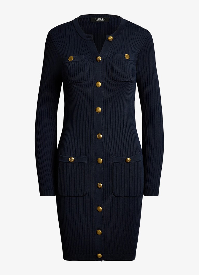Ralph Lauren Dames Ribgebreide mini jurk met knopen in de kleur Donkerblauw