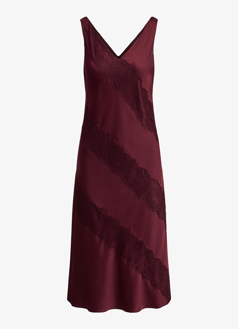 Ralph Lauren Dames Charmeuse midi jurk met details van kant in de kleur Dark Garnet / Bordeauxrood
