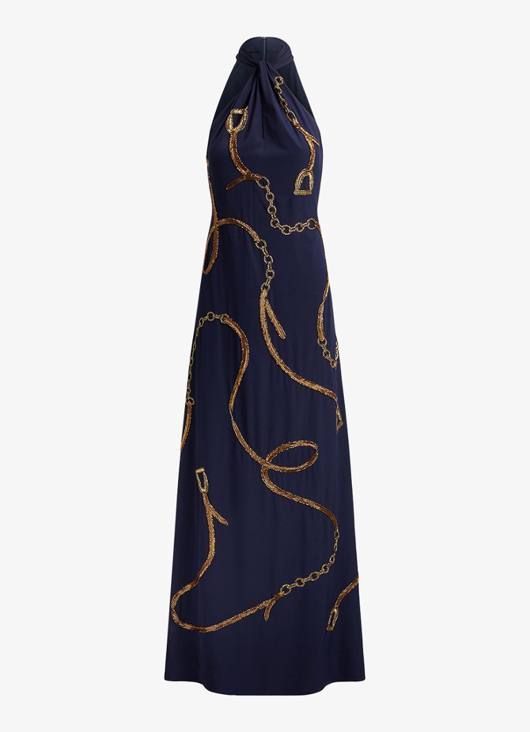 Ralph Lauren Dames Maxi halterjurk met kralendecoratie in de kleur Donkerblauw