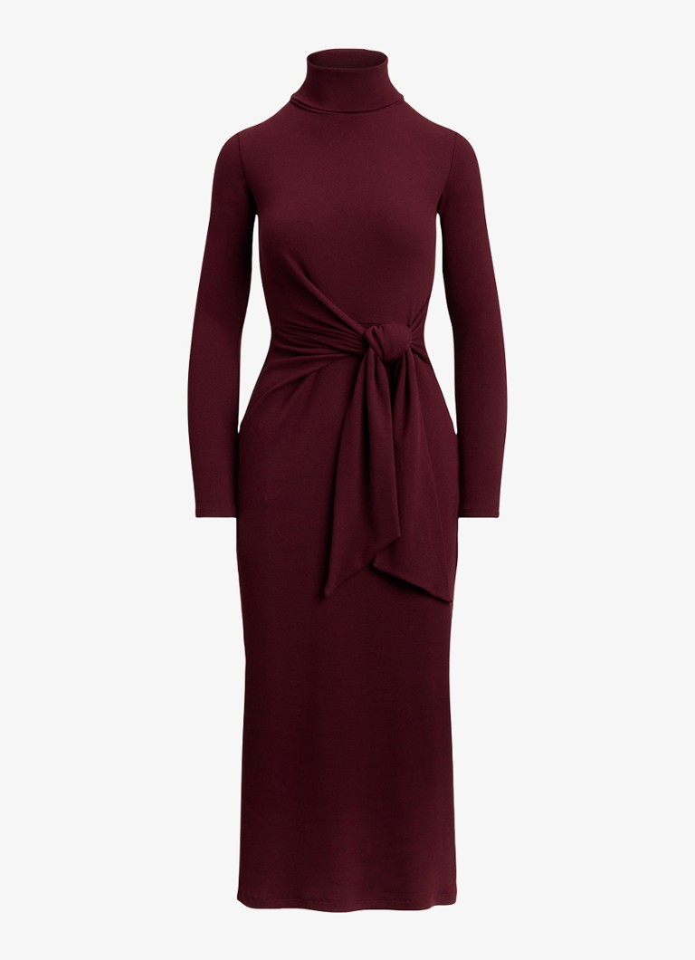 Ralph Lauren Dames Fijngebreide midi jurk met col en strikdetail in de kleur Dark Garnet / Bordeauxrood