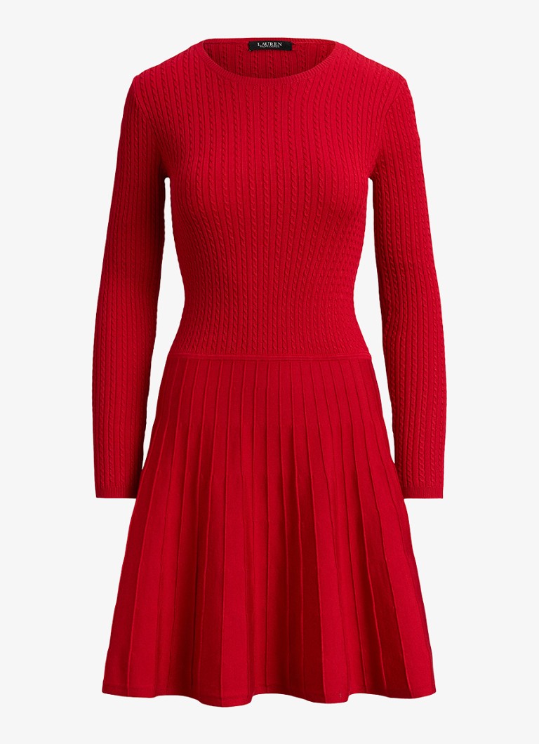 Ralph Lauren Dames Kabelgebreide mini jurk met ronde hals in de kleur Cruise Red / Rood