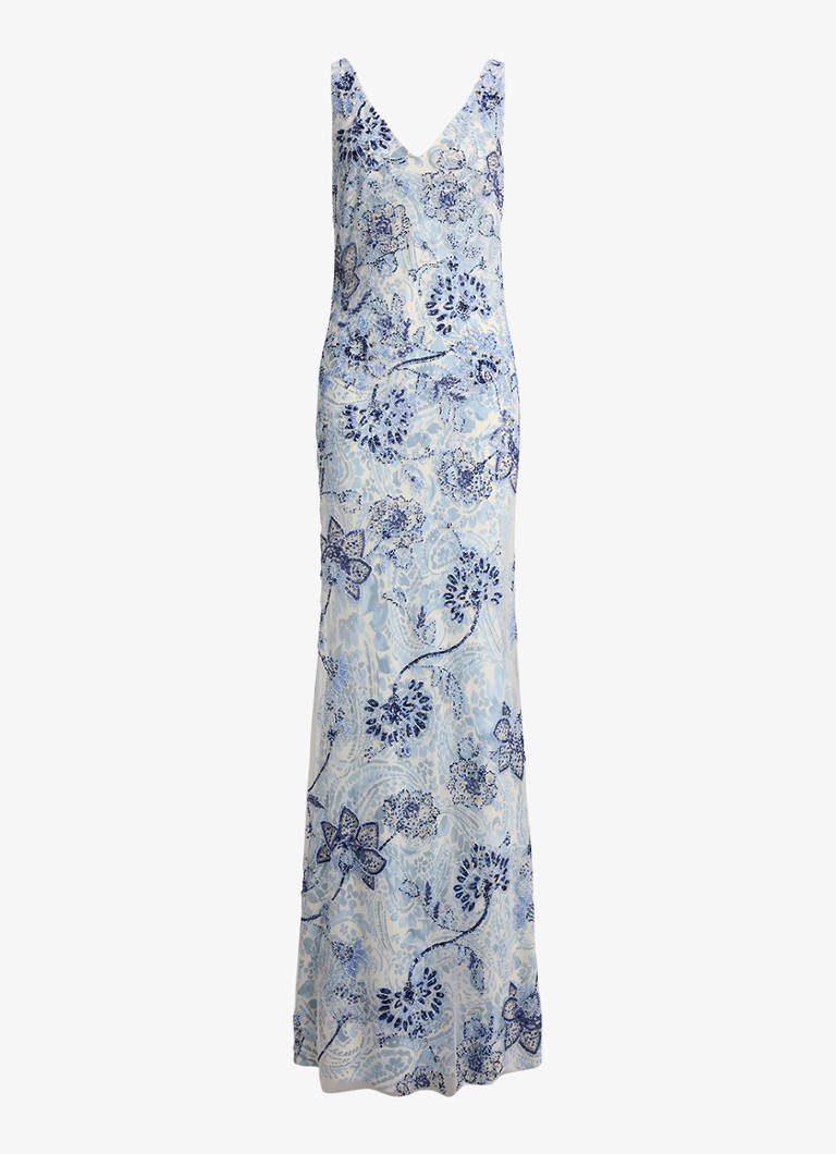 Ralph Lauren Dames Maxi jurk met bloemenprint en kralendecoratie in de kleur Blue Multi / Blauw