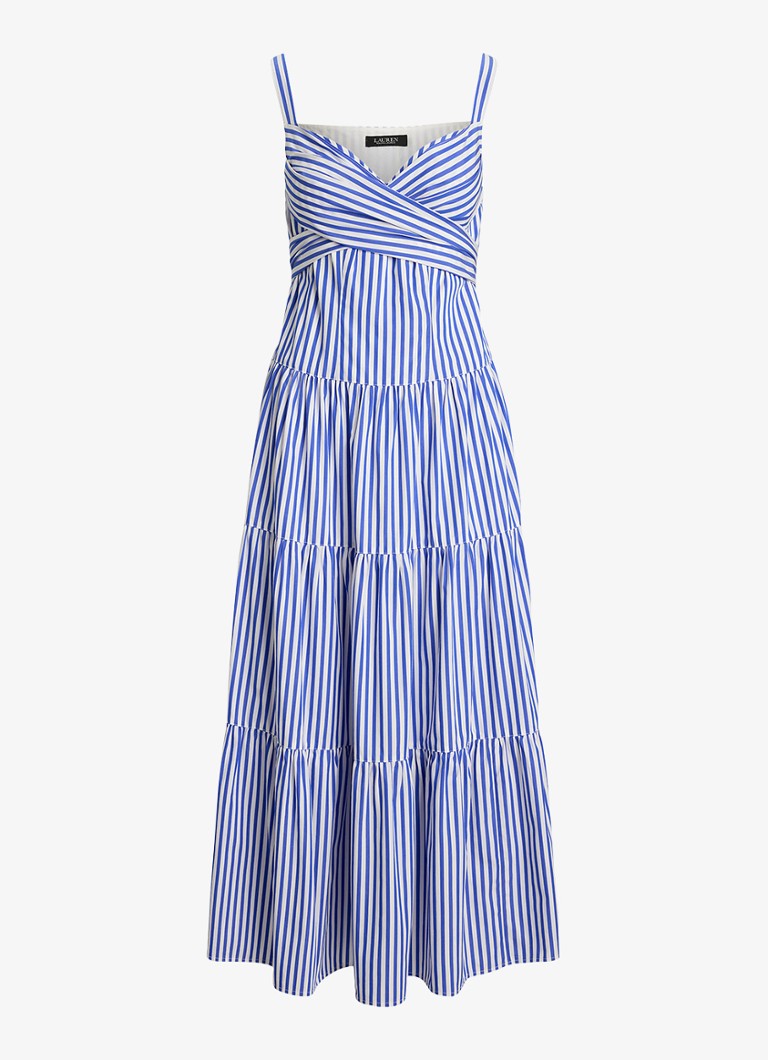 Ralph Lauren Dames Midi jurk met streepprint en strikceintuur in de kleur Blue / Blauw