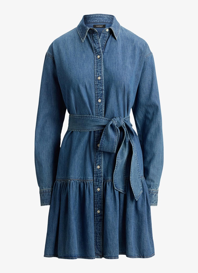 Ralph Lauren Dames Midi blousejurk van chambray met strikceintuur in de kleur Galvin Wash / Blauw