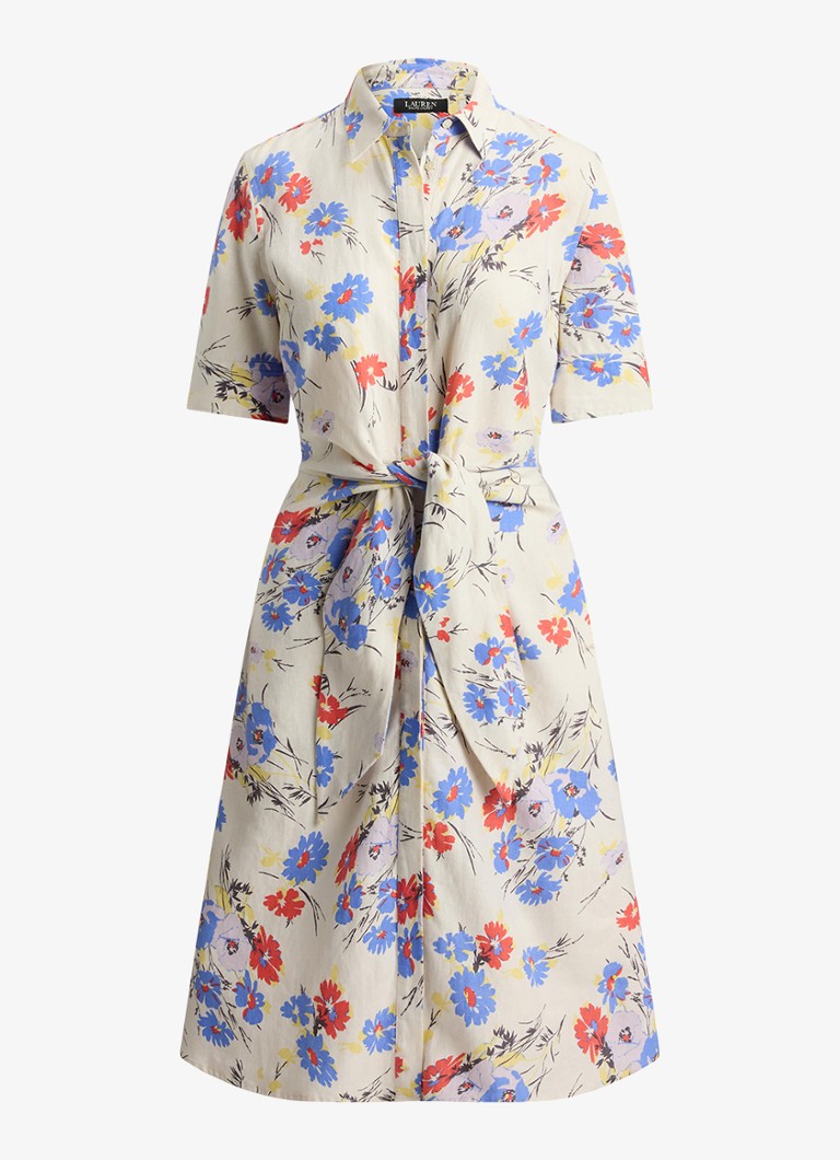 Ralph Lauren Dames Midi blousejurk van linnen met bloemenprint in de kleur Cream Multi / Creme
