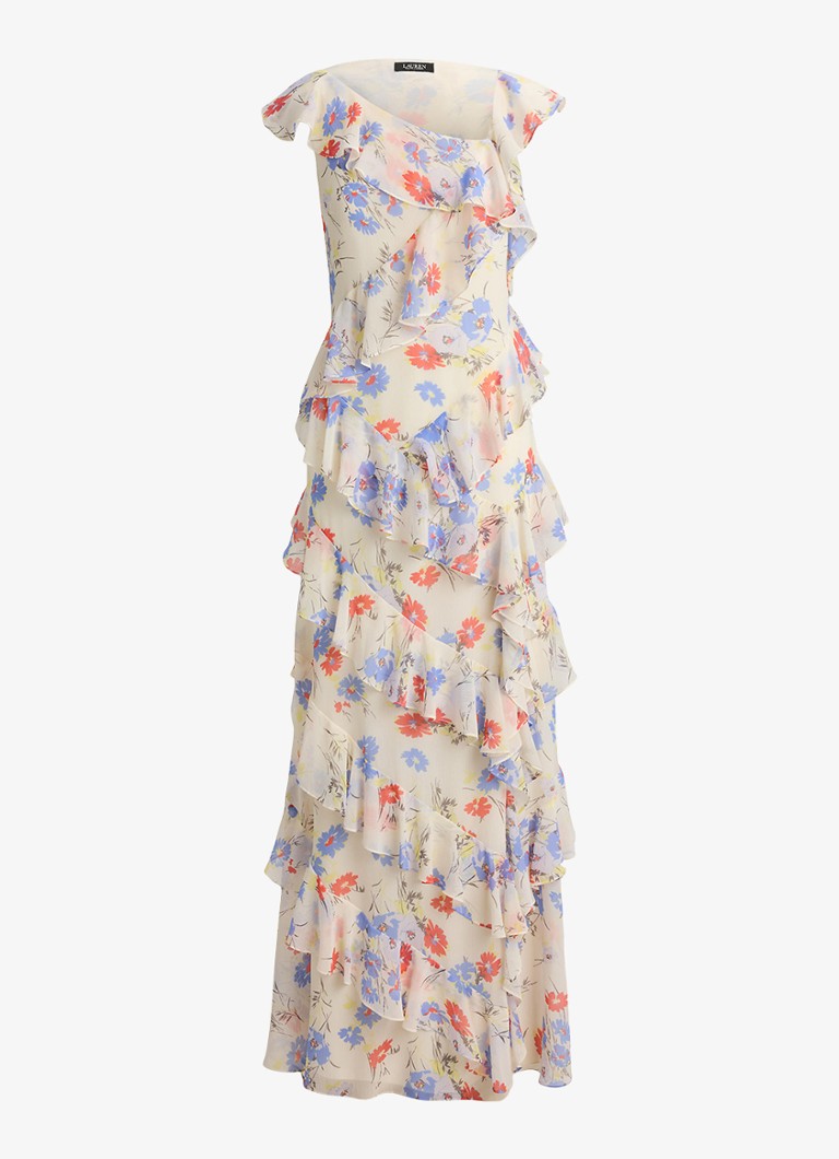Ralph Lauren Dames Maxi jurk met bloemenprint en ruches in de kleur Cream Multi 2wmn / Creme