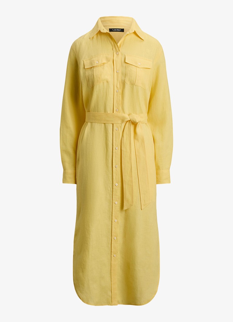 Ralph Lauren Dames Midi blousejurk van linnen met strikceintuur in de kleur Lemon Sorbet / Geel
