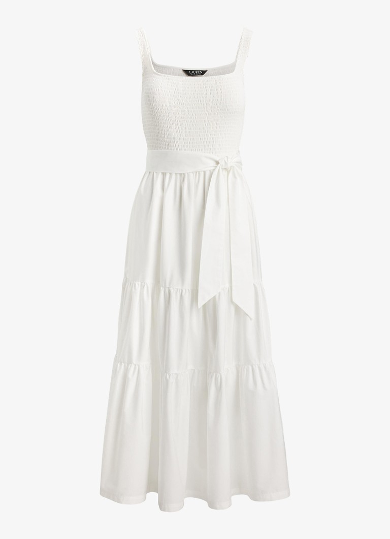 Ralph Lauren Dames Midi jurk met smockwerk en strikceintuur in de kleur Wit