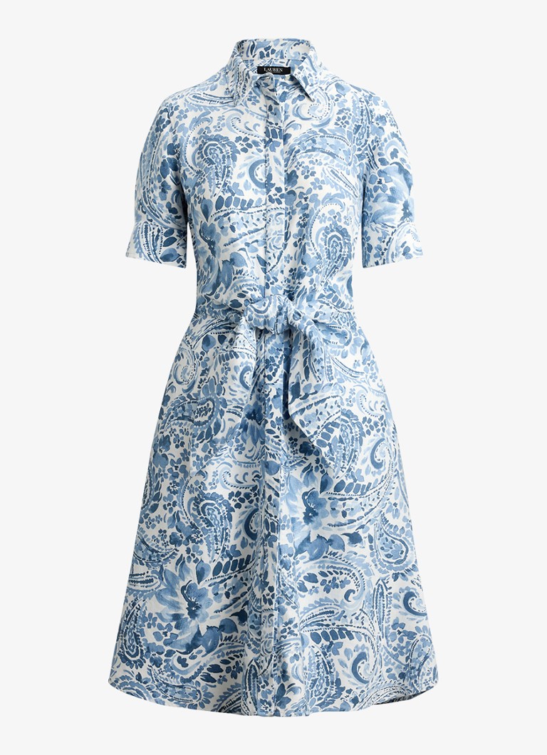 Ralph Lauren Dames Midi blousejurk van linnen met paisley dessin en geknoopt detail in de kleur White/Blue / Blauw