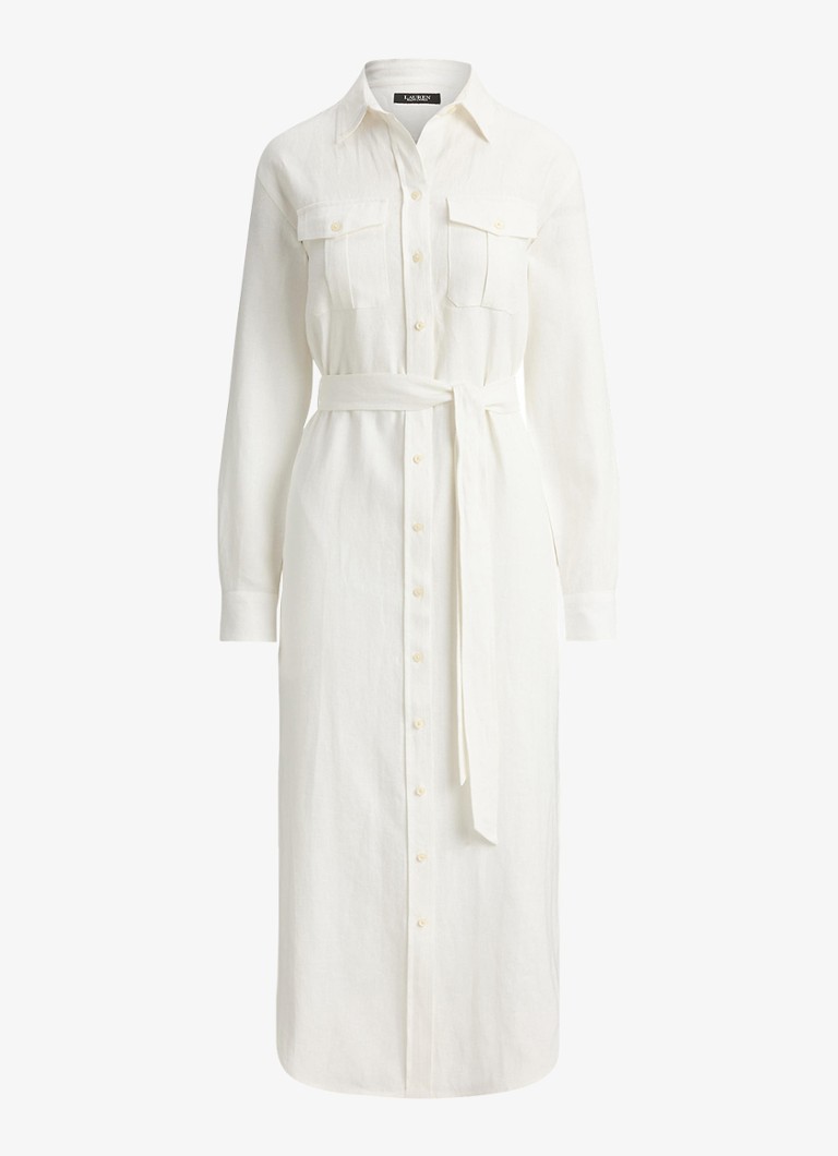 Ralph Lauren Dames Midi blousejurk van linnen met strikceintuur in de kleur Wit