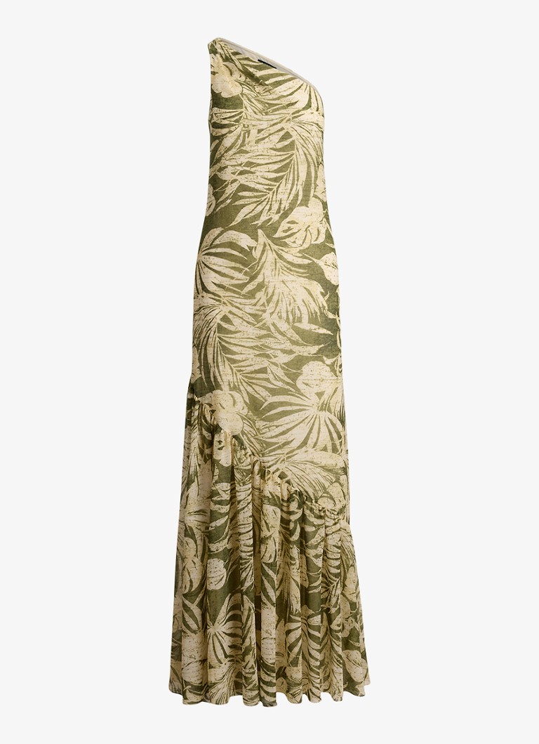 Ralph Lauren Dames One shoulder maxi jurk met bladprint in de kleur Olive Multi / Groen
