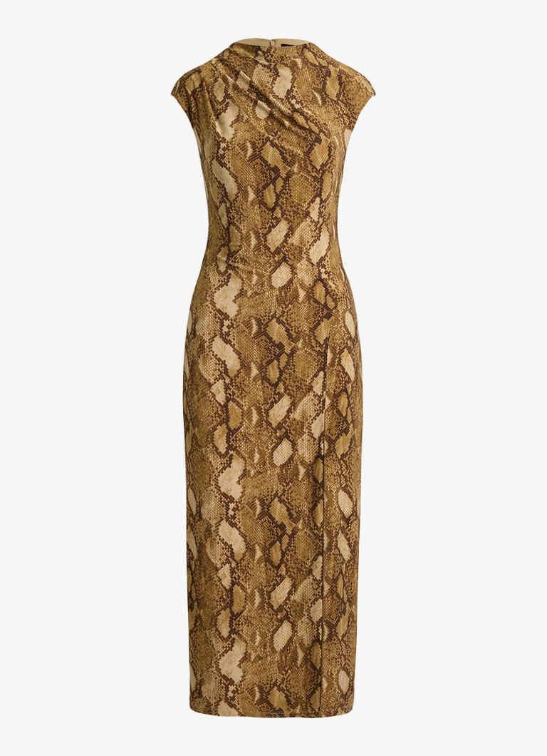 Ralph Lauren Dames Midi jurk met slangenprint en split in de kleur Tan Multi / Beige