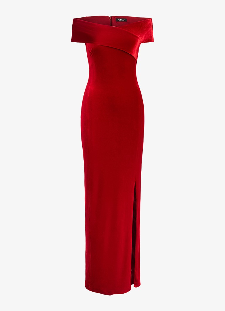 Ralph Lauren Dames Off shoulder maxi jurk van fluweel met split in de kleur Lauren Red Velvet / Rood