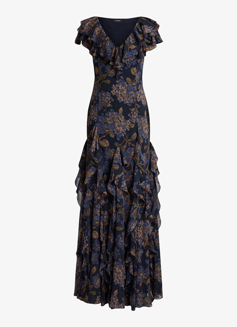 Ralph Lauren Dames Maxi jurk met bloemenprint en ruches in de kleur Navy Multi / Blauw