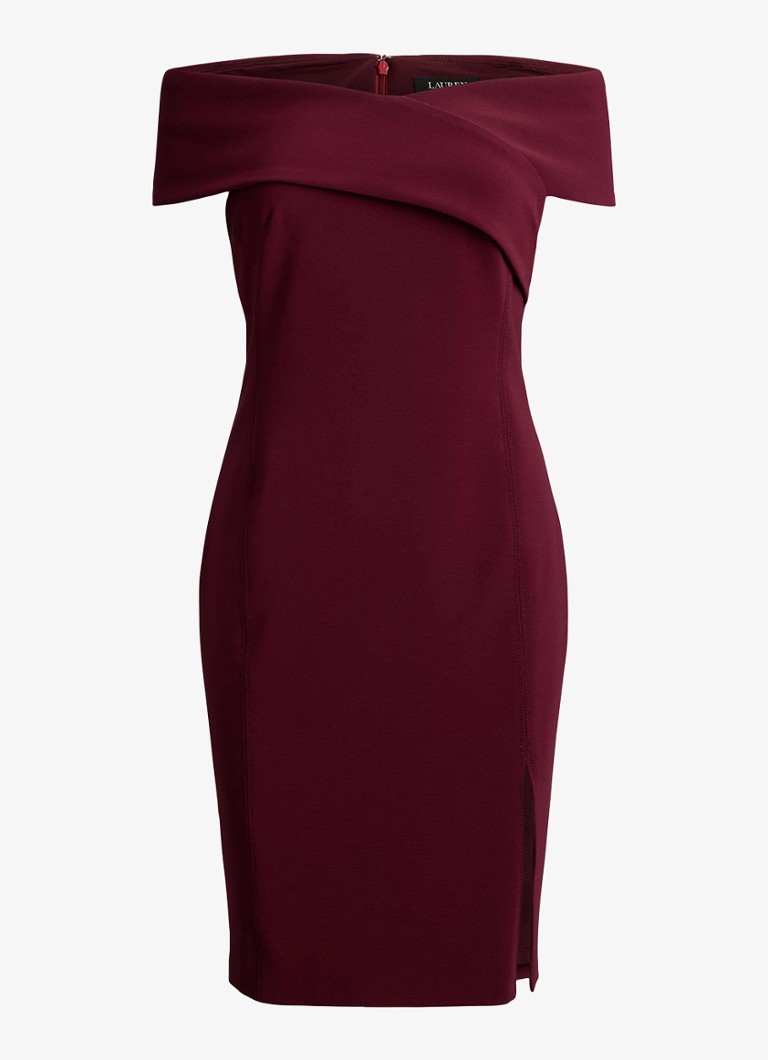 Ralph Lauren Dames Off shoulder mini jurk met split in de kleur Dark Garnet / Bordeauxrood