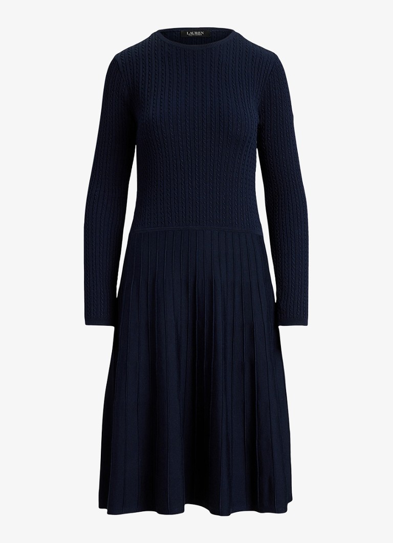 Ralph Lauren Dames Kabelgebreide midi trui-jurk met ronde hals in de kleur Lauren Navy / Blauw
